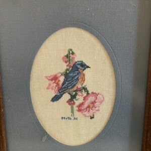 Blue and Orange Bird Embroidery Art